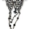 Black Glass Butterfly Brooch with Silver-Tone Chain Fringe