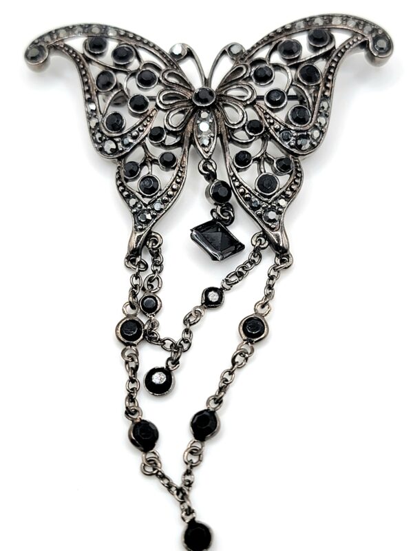 Black Glass Butterfly Brooch with Silver-Tone Chain Fringe