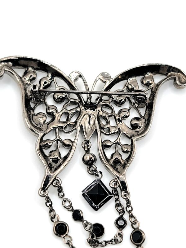 Black Glass Butterfly Brooch with Silver-Tone Chain Fringe