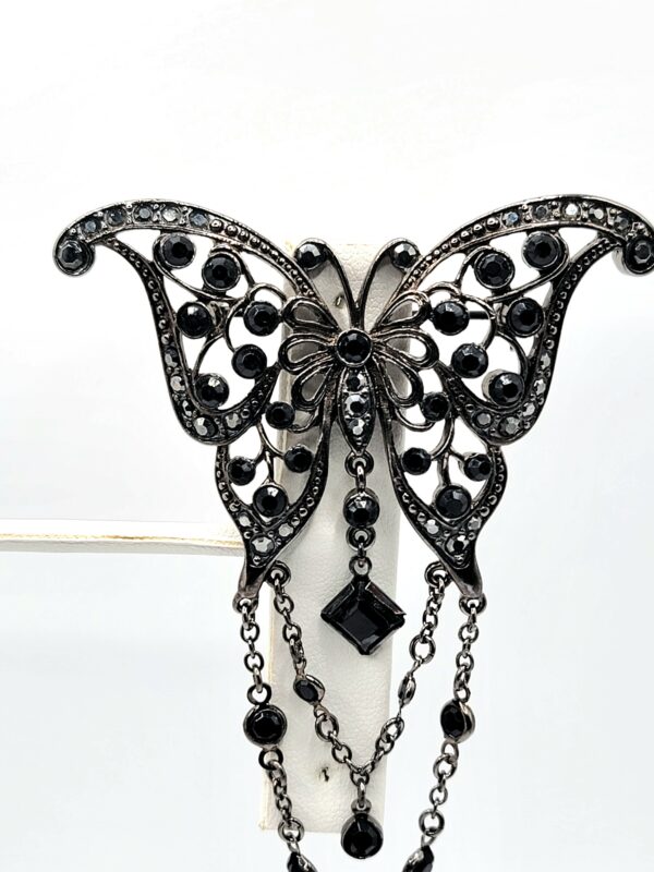 Black Glass Butterfly Brooch with Silver-Tone Chain Fringe