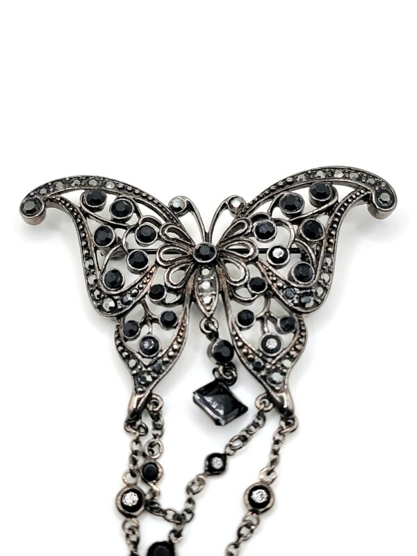 Black Glass Butterfly Brooch with Silver-Tone Chain Fringe