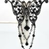 Black Glass Butterfly Brooch with Silver-Tone Chain Fringe