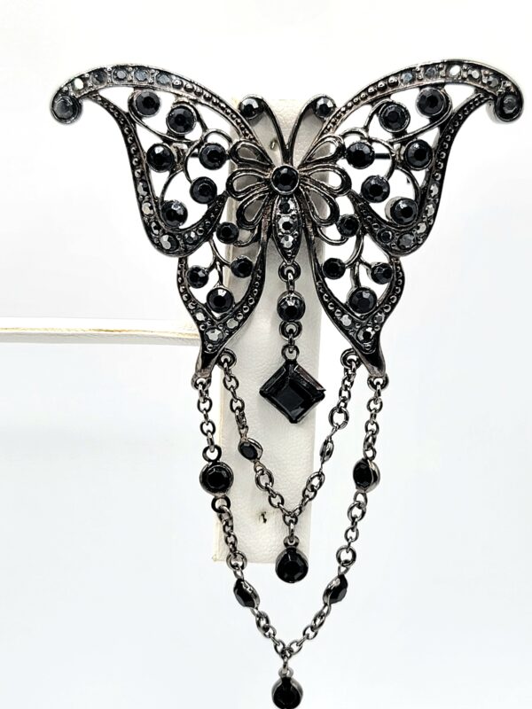 Black Glass Butterfly Brooch with Silver-Tone Chain Fringe