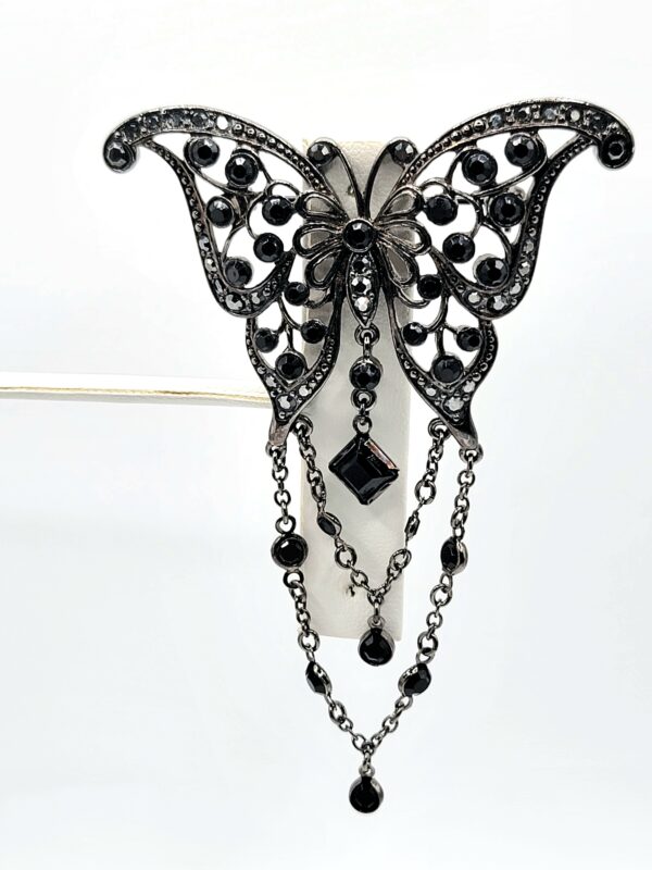 Black Glass Butterfly Brooch with Silver-Tone Chain Fringe