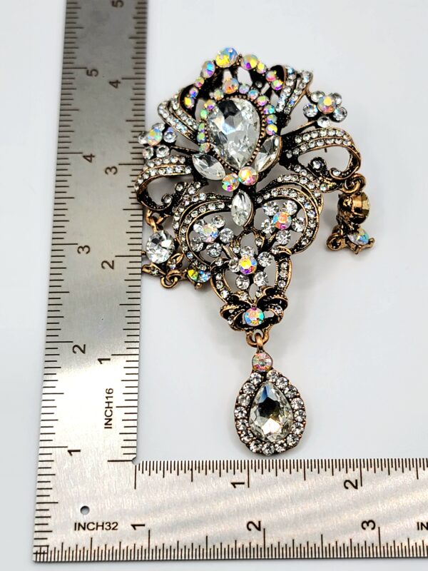 Vintage Style Antique Gold Rhinestone & Aurora Borealis Dangle Brooch Pin