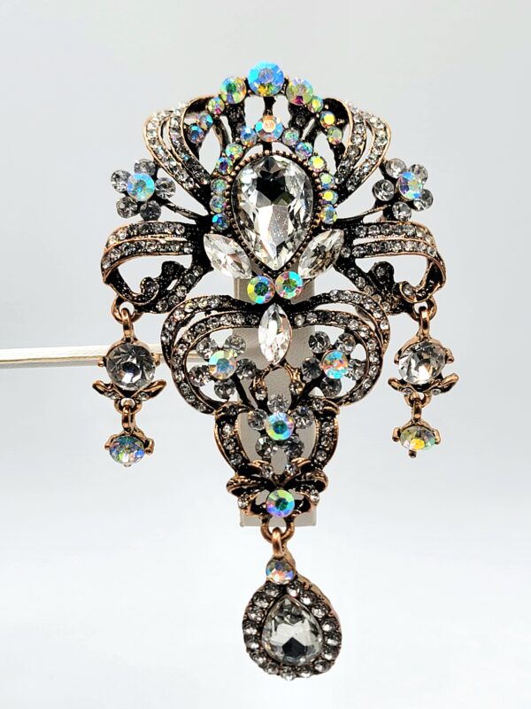 Vintage Style Antique Gold Rhinestone & Aurora Borealis Dangle Brooch Pin