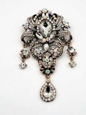 Vintage Style Antique Gold Rhinestone & Aurora Borealis Dangle Brooch Pin