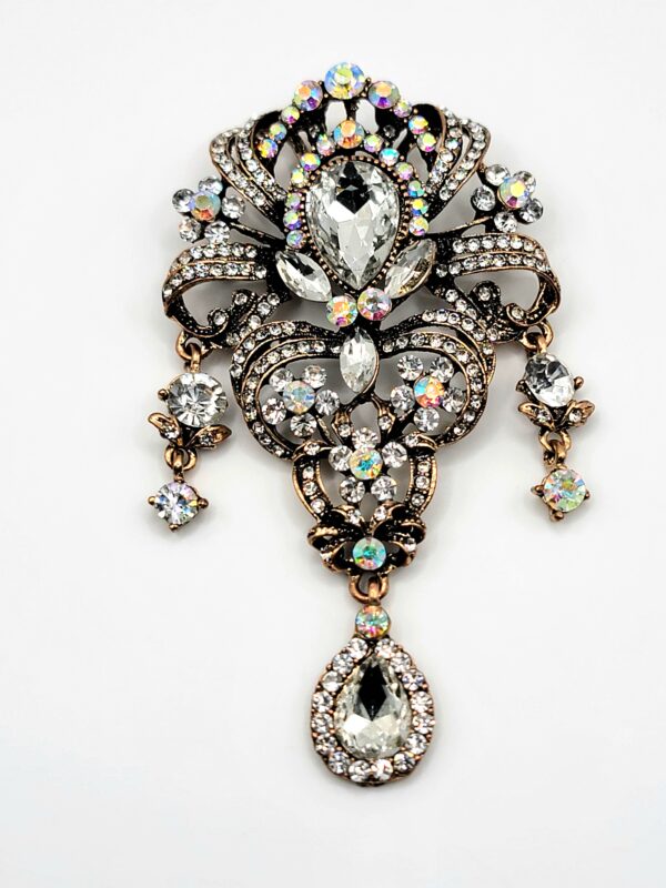 Vintage Style Antique Gold Rhinestone & Aurora Borealis Dangle Brooch Pin