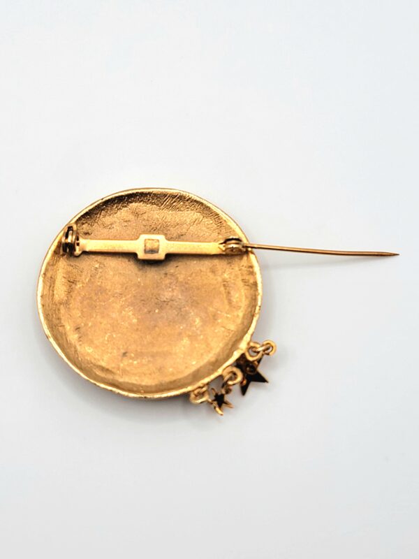 BRO-00072 (1) (3) Vintage Celestial Man in the Moon Brooch Pin Gold Tone Dangling Stars 90s