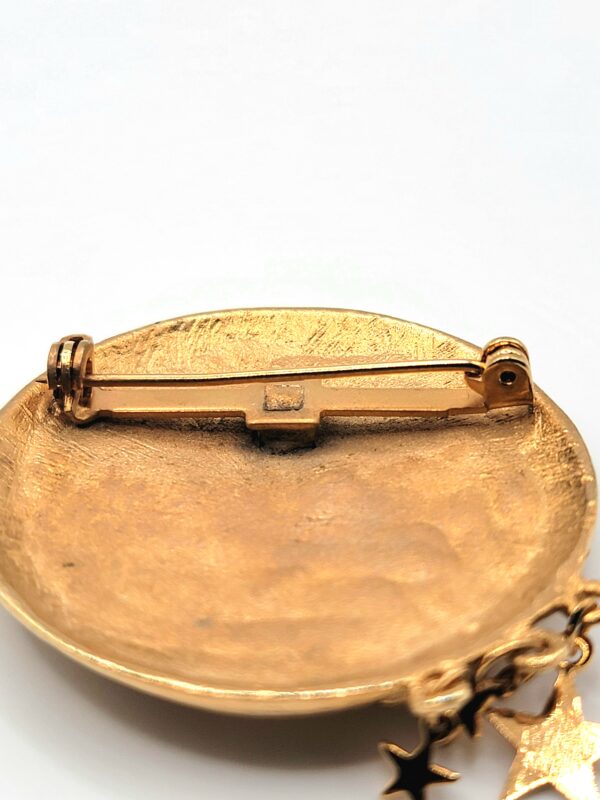 BRO-00072 (1) (4) Vintage Celestial Man in the Moon Brooch Pin Gold Tone Dangling Stars 90s
