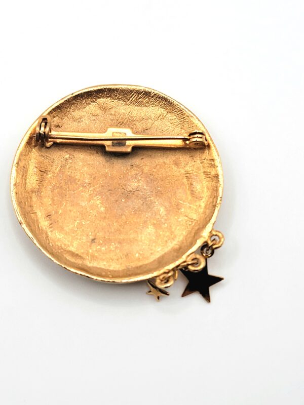 BRO-00072 (1) (5) Vintage Celestial Man in the Moon Brooch Pin Gold Tone Dangling Stars 90s