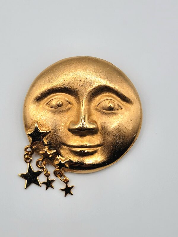 BRO-00072 (1) (6) Vintage Celestial Man in the Moon Brooch Pin Gold Tone Dangling Stars 90s
