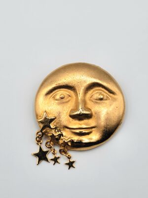 Vintage Celestial Man in the Moon Brooch Pin Gold Tone Dangling Stars 90s