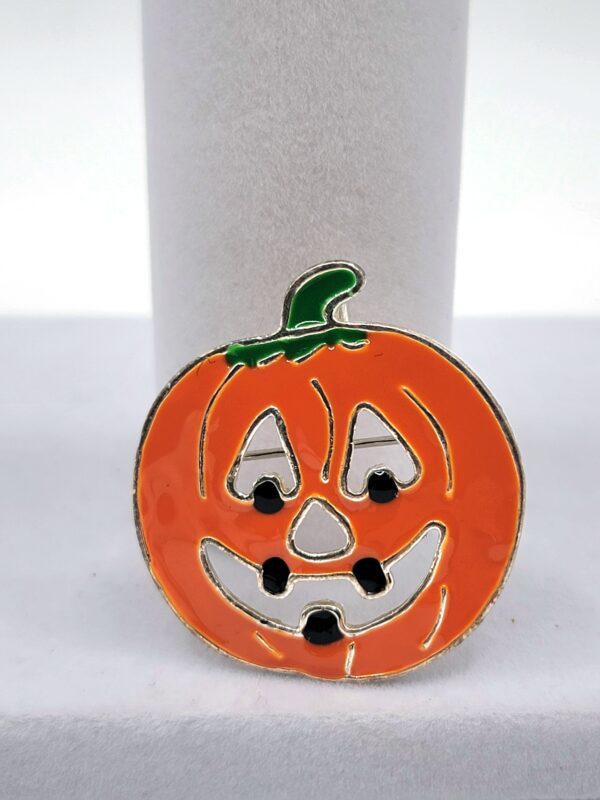 Vintage "MJ" Silver-Tone Enamel Jack-O'-Lantern Pumpkin Halloween Brooch Pendant