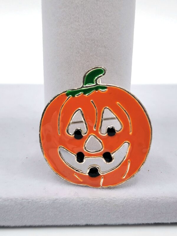 Vintage "MJ" Silver-Tone Enamel Jack-O'-Lantern Pumpkin Halloween Brooch Pendant