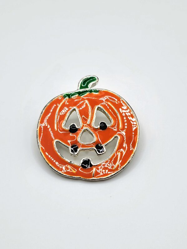 Vintage "MJ" Silver-Tone Enamel Jack-O'-Lantern Pumpkin Halloween Brooch Pendant