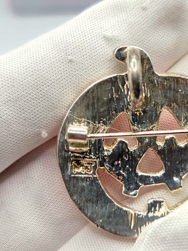 Vintage "MJ" Silver-Tone Enamel Jack-O'-Lantern Pumpkin Halloween Brooch Pendant