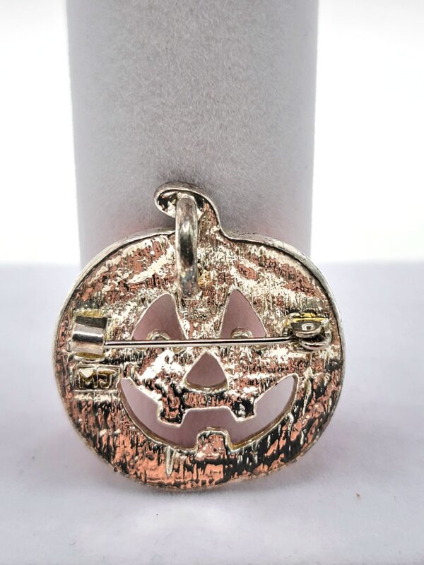 Vintage "MJ" Silver-Tone Enamel Jack-O'-Lantern Pumpkin Halloween Brooch Pendant