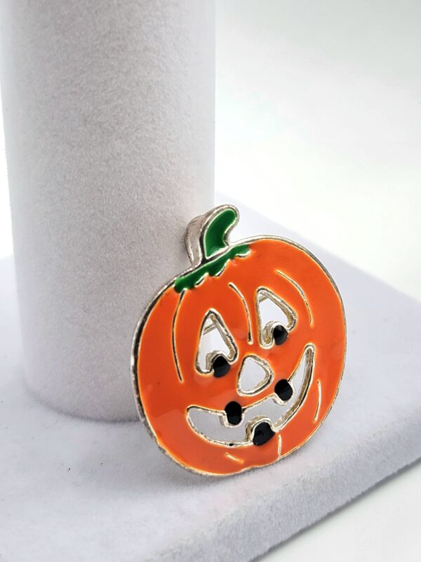 Vintage "MJ" Silver-Tone Enamel Jack-O'-Lantern Pumpkin Halloween Brooch Pendant
