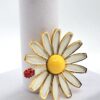 Vintage Signed 1960 Weiss Enamel White Daisy & Ladybug Flower Brooch