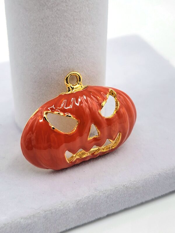 PEN-00011 (1) (5) Vintage Halloween Jack-O'-Lantern Pendant - Orange Enamel Pumpkin Charm