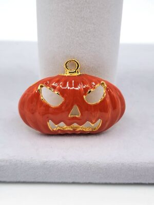PEN-00011 (1) (6) Vintage Halloween Jack-O'-Lantern Pendant - Orange Enamel Pumpkin Charm