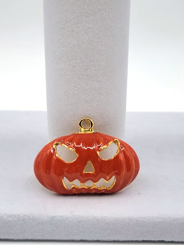 PEN-00011 (1) (8) Vintage Halloween Jack-O'-Lantern Pendant - Orange Enamel Pumpkin Charm