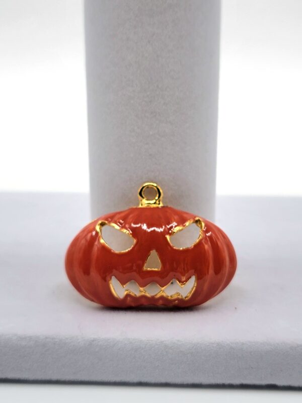 PEN-00011 (1) (9) Vintage Halloween Jack-O'-Lantern Pendant - Orange Enamel Pumpkin Charm